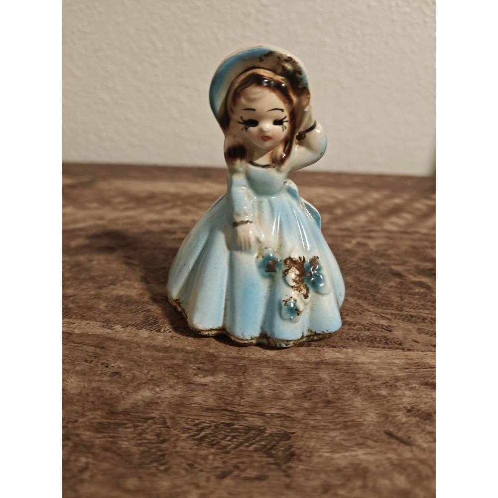 Vintage Japan GIrl Bell Blue Dress Holding Hat